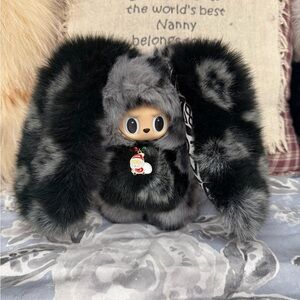 Custom Labubu Bunny Doll in Black & Gray Faux Fur with Lulu logo